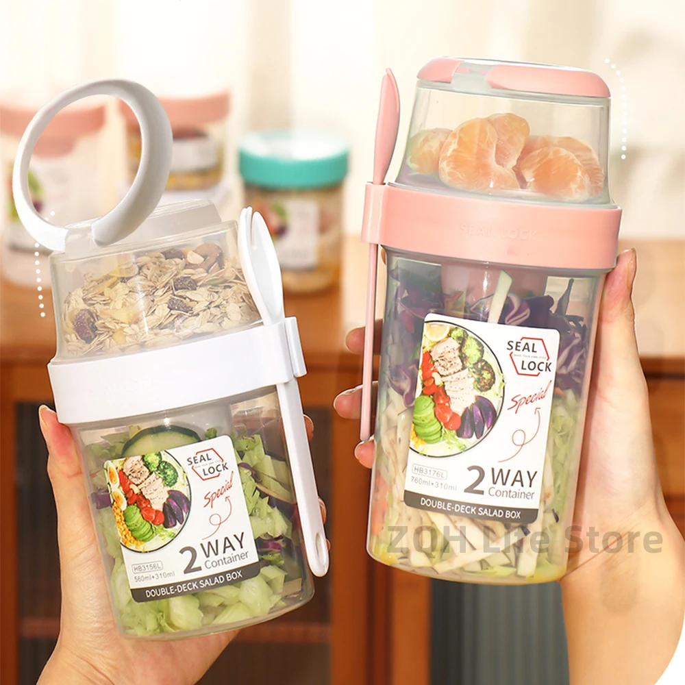 Juego de tazas de desayuno portátiles con tenedor, fiambrera escolar, almacenamiento de alimentos, Bento Box, 1L