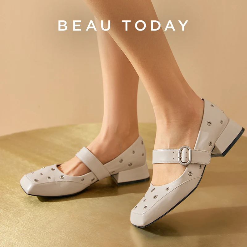 BEAUTODAY Mary Janes Women Calfskin Square Toe Rivet Slip-on Buckle Band Platform Flats Casual Female Shoes Handmade 18277