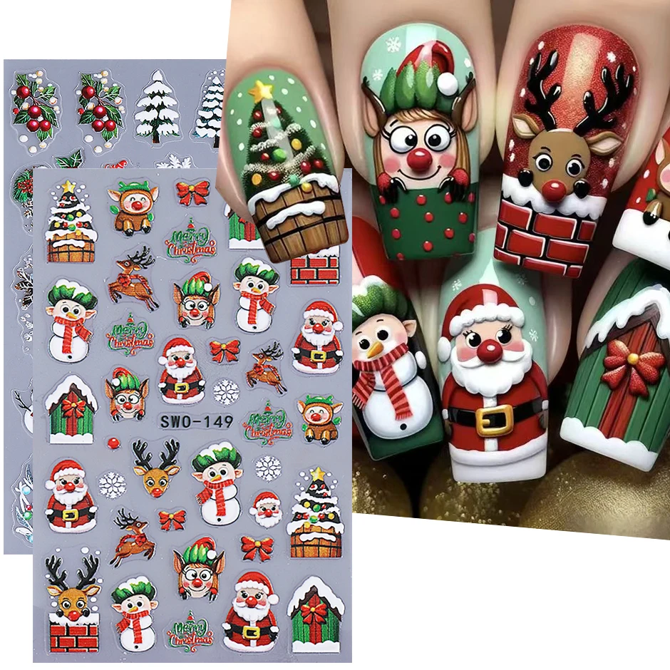 2 stücke Geprägte Weihnachten Nagel Aufkleber 3D Nette Schneemann Elch Elf Bogen Nagel Aufkleber Winter Santa Claus Maniküre Dekoration Lieferungen