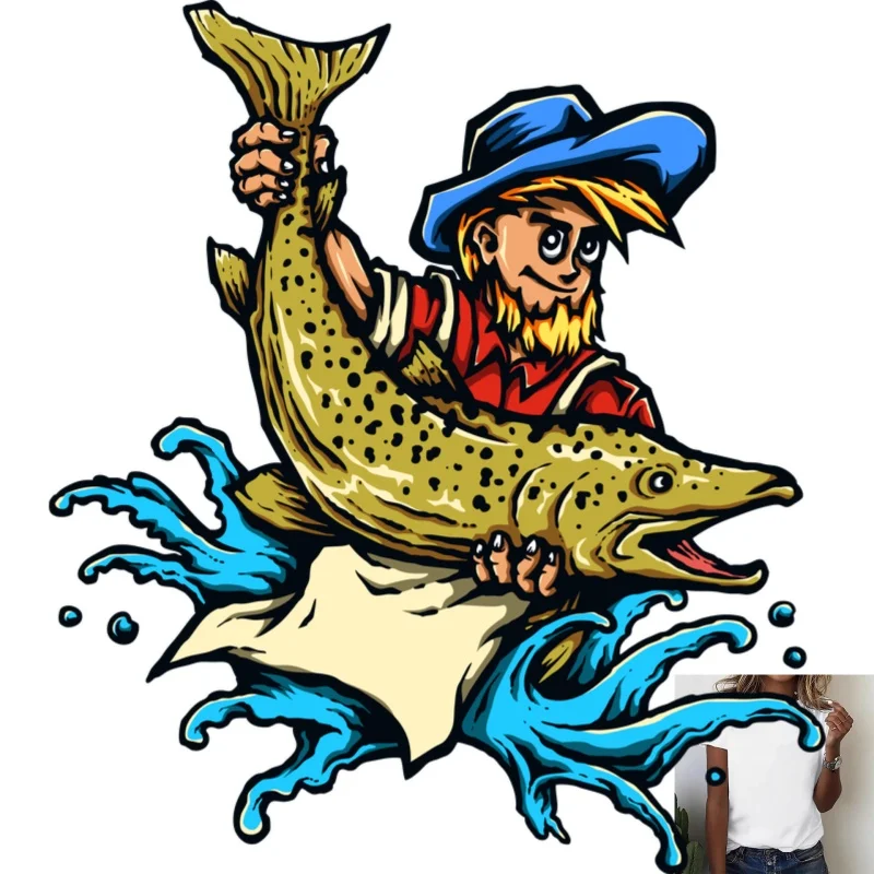 Vintage Fishing Man Heat Transfer White Ink Iron - on Patch, Cartoon Style for T - shirts/Canvas Bags, Outdoor Casual, Trendy - zdjęcie 1