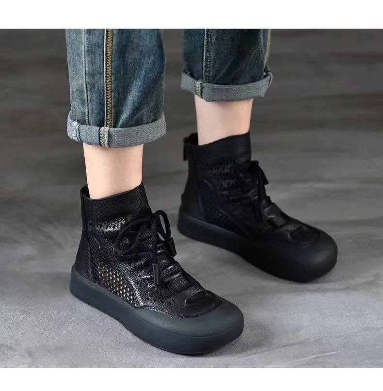 2024 Handmade Retro Summer Cool Boots Women Genuine Leather Mesh Breathable Roman Style Flat Ankle for Boots Women Shoes