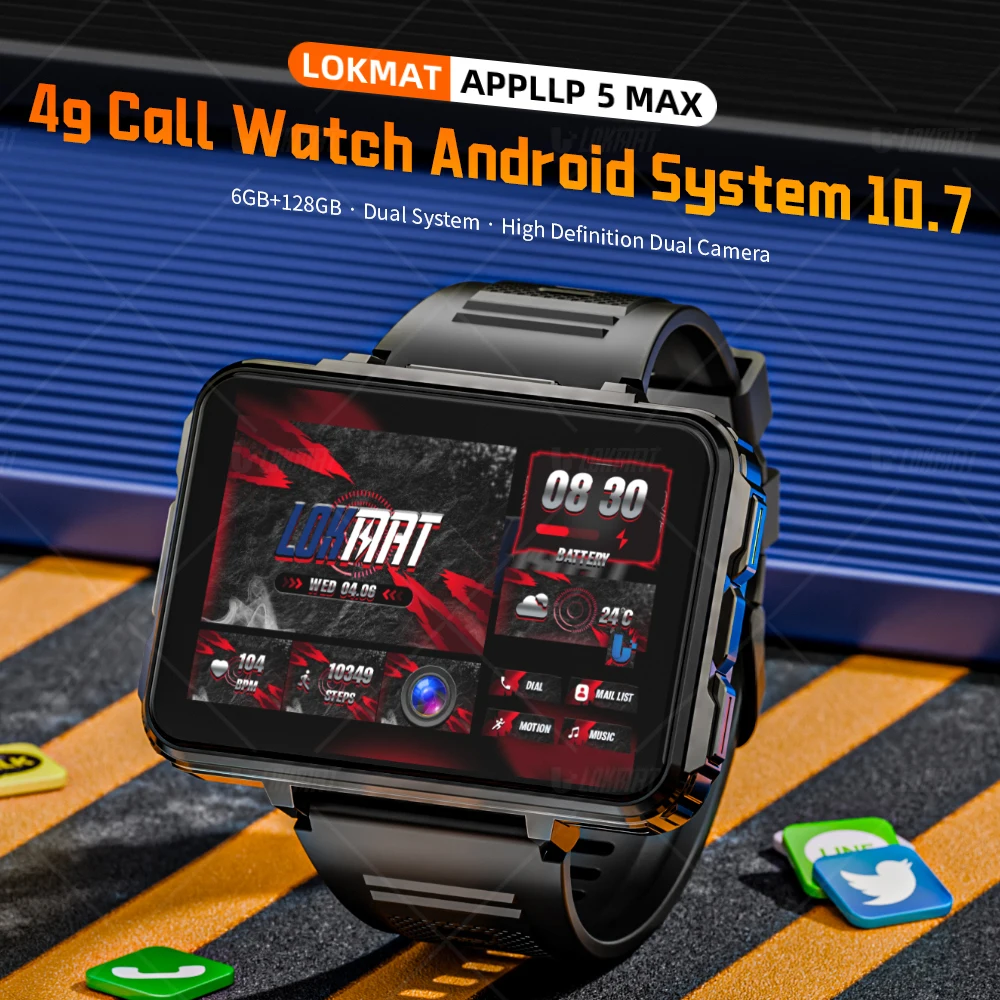 LOKMAT APPLLP 5 MAX Android Watch Phone Square Big Screen Wifi 4G Calls Smartwatches Dual Camera with Flashlight Gaming Watch