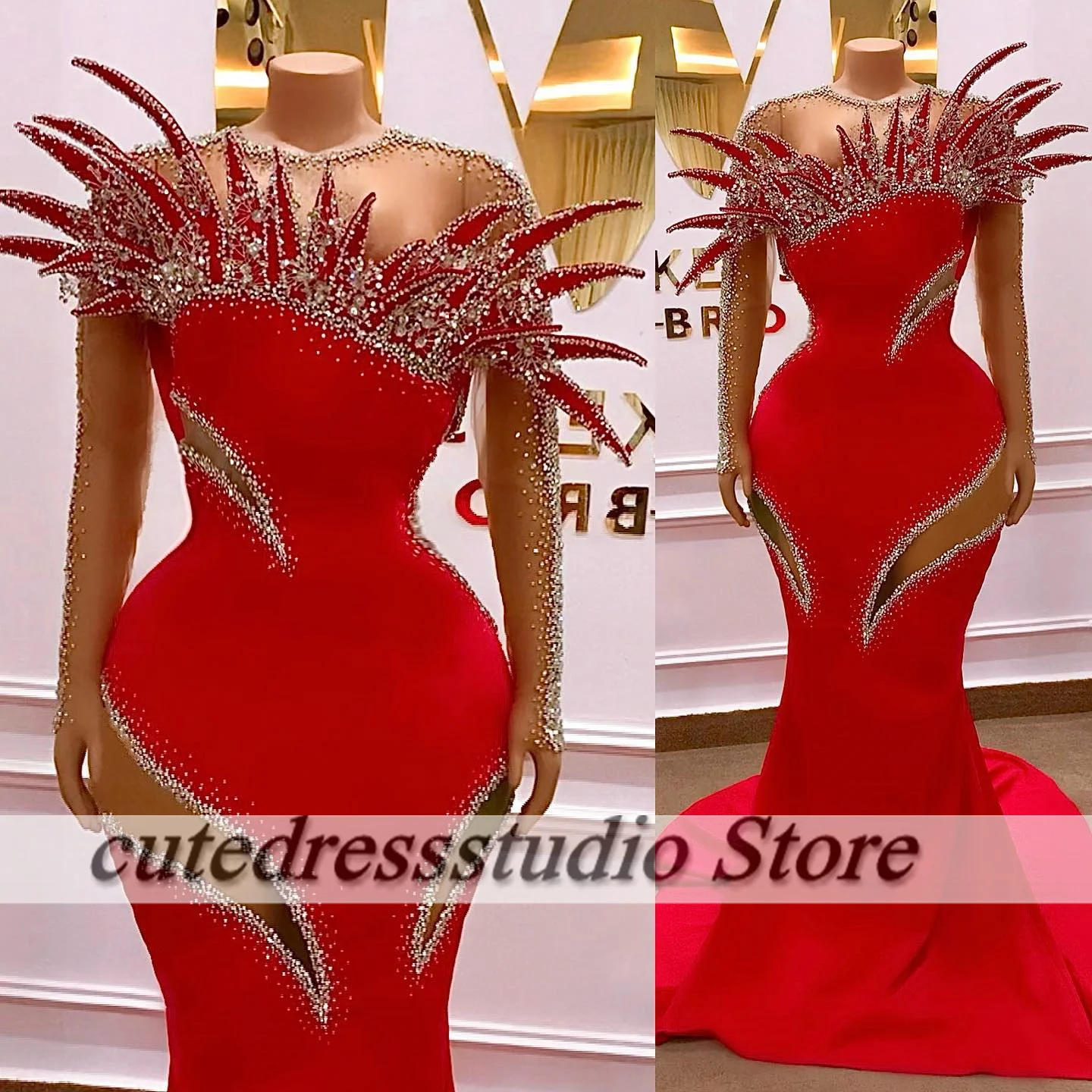 Luxury Evening Dresses Women 2024 Beading O-Neck Red Prom Gowns Long Sleeves Satin Aso Ebi Formal Occasion Dress