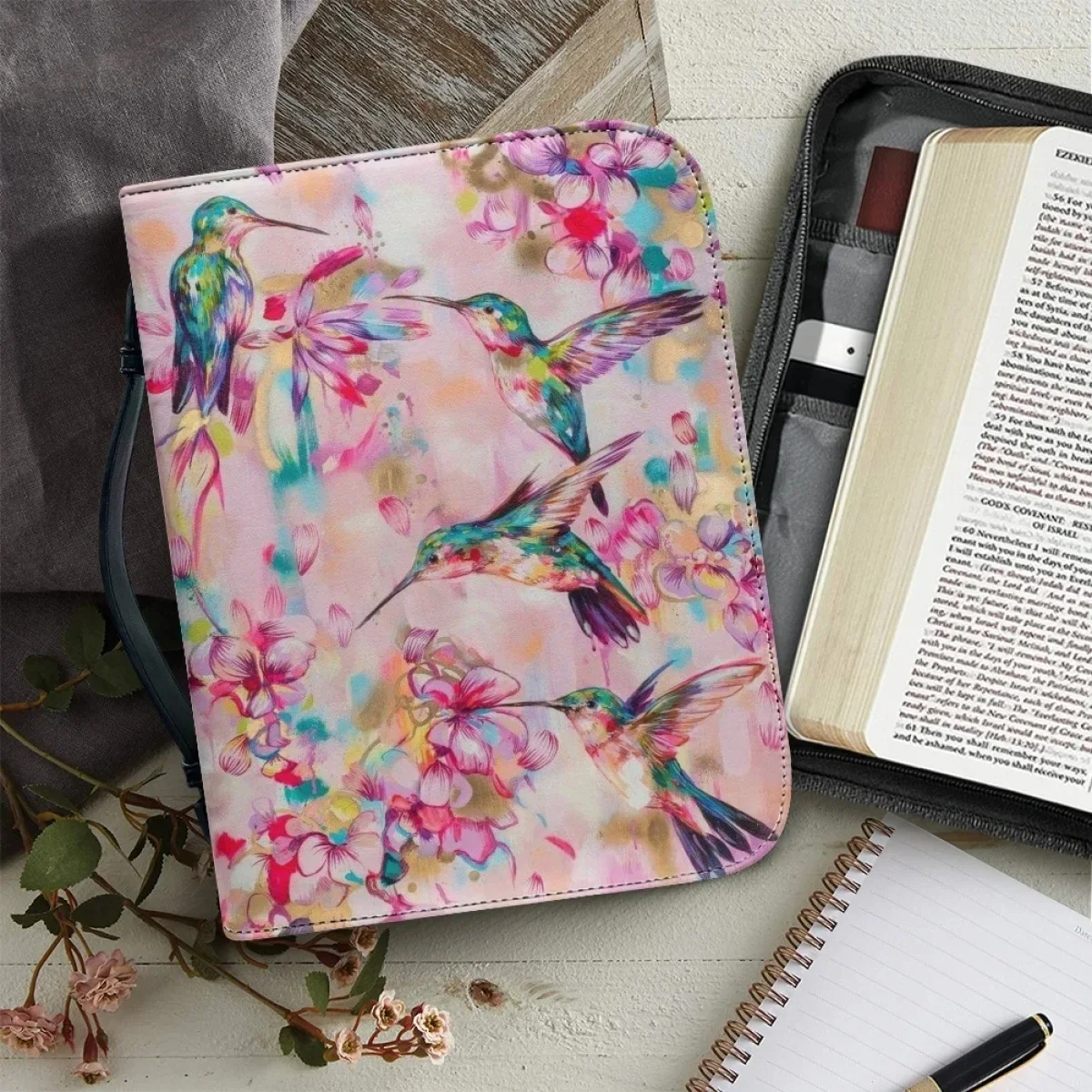 Trendy Floral Hummingbird Print Bible Cover Case for Women Handbags Leather Zippered Handle Bible Storage Bags Church Bible Bag