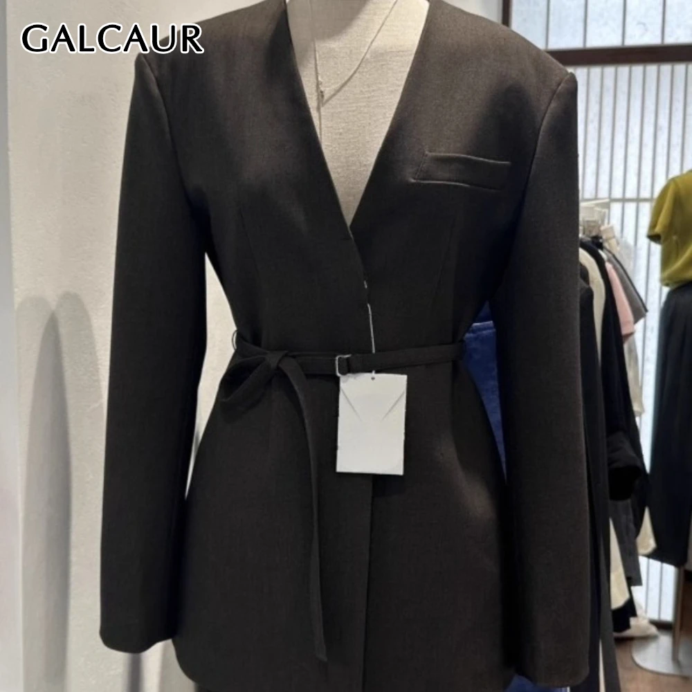 

GALCAUR Black Spliced Lace Up Temperament Jacket Female V Neck Long Sleeve Loose Elegant Women's Jackets Autumn Fashion Style