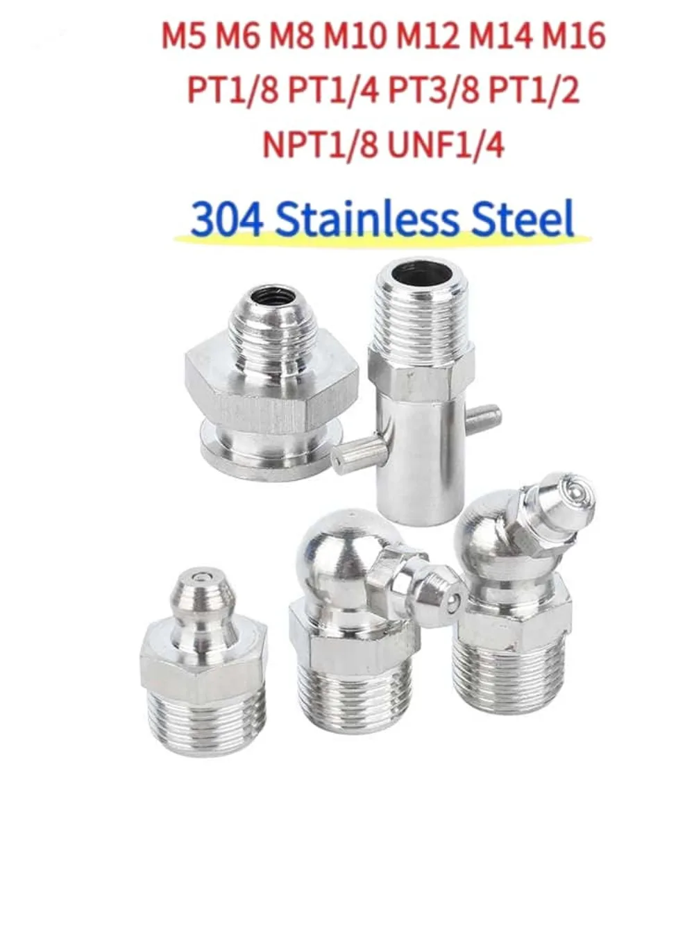 1‑5Pcs 304 SS Zerk Grease Fitting Metric UNF NPT PT Straight Elbow Grease Nipple Durable Nozzle for Grease Gun Auto Maintenance