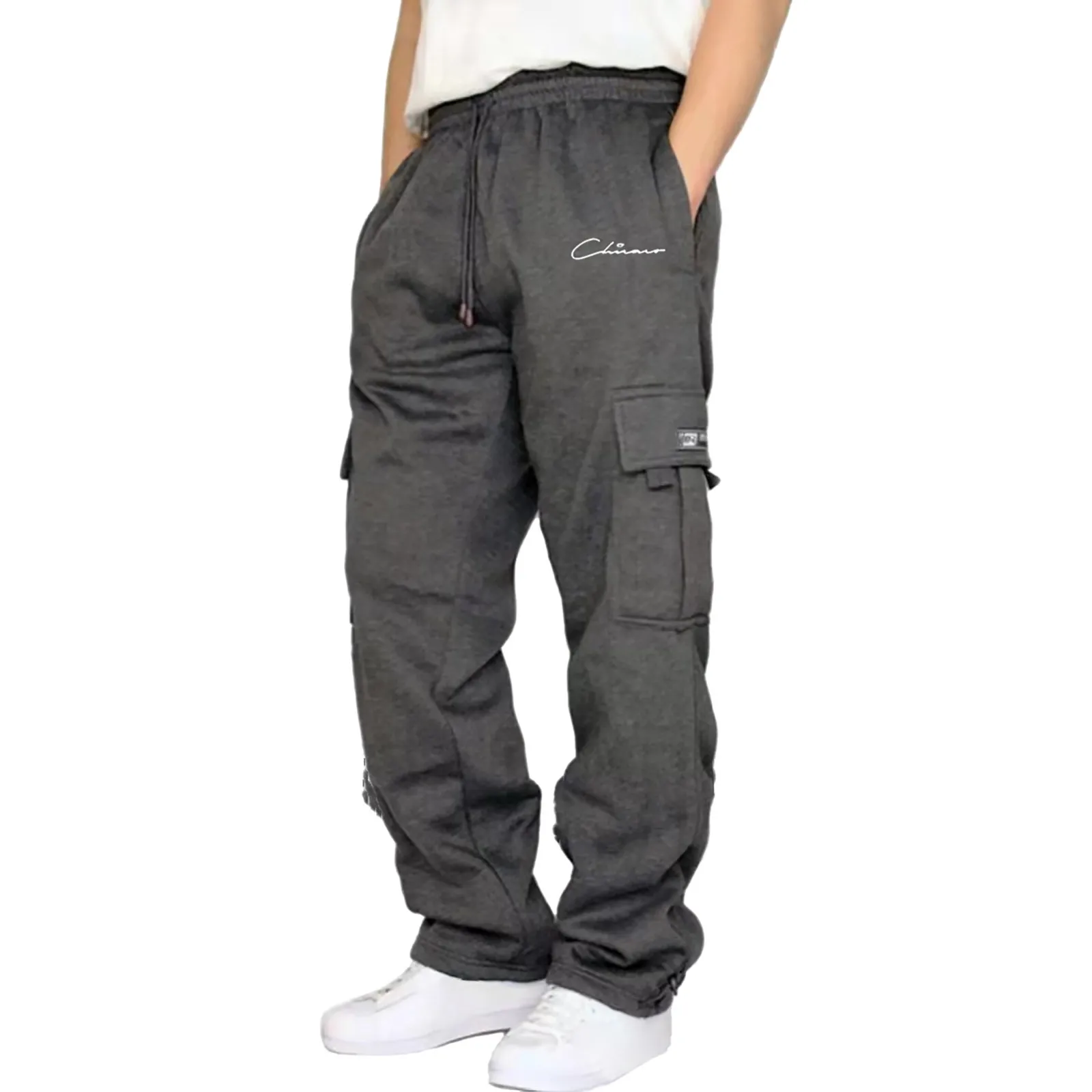 Pantalones de chándal para hombre, pantalones Cargo para correr, Fitness, con cordones, cintura suelta, bolsillos sólidos, pantalones de chándal holgados de lana