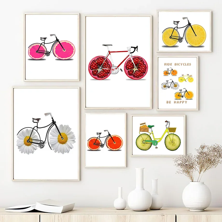 Fruit Citrus Daisy Lemon Berries Kiwi Bicycle Wall Art Canvas Painting Nordic Posters And Prints Wall Pictures For Kitchen Decor