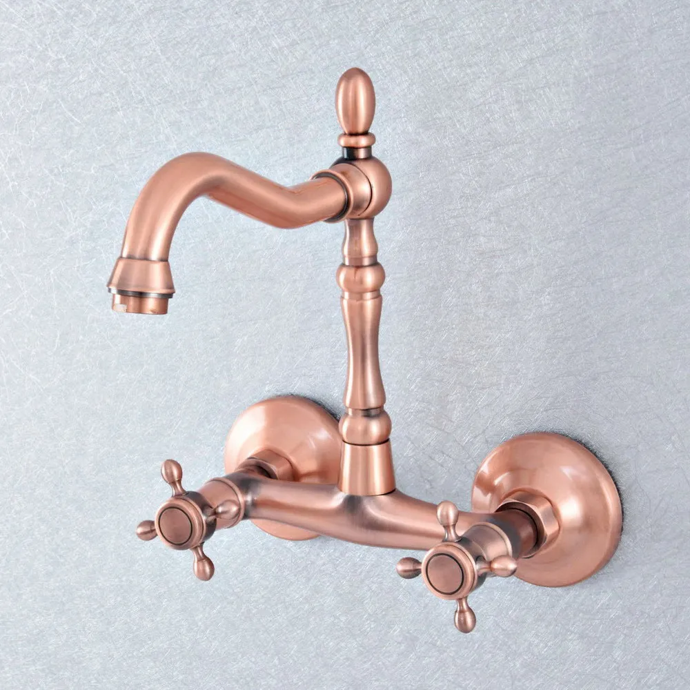 

Antique Red Copper Brass Wall Mounted Kitchen Wet Bar Bathroom Sink Faucet Swivel Spout Mixer Tap Dual Cross Handles asf866