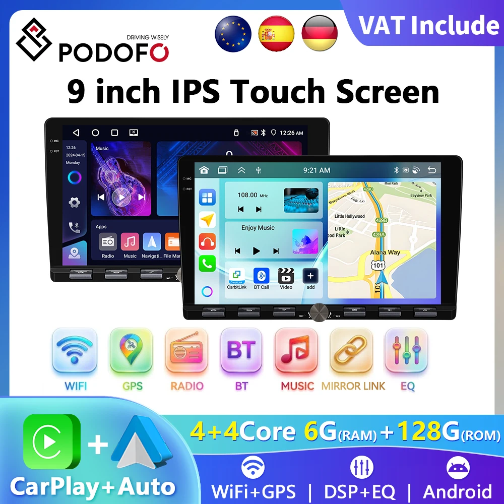 Autoradio Podofo 6+128G avec clavier piano, lecteur multimédia universel 9 pouces 2 Din, autoradio sans fil CarPlay Android Auto WIFI GPS Navigation pour VW Passat Golf MK5 MK6 Jetta T5 EOS POLO
