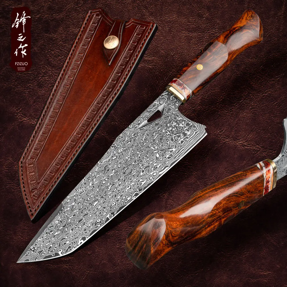 FZIZUO ShengDe Damascus Steel Chef Knife - 20.3cm VG10 Core Kitchen Knife with Desert Ironwood Handle, Gift Box Included
