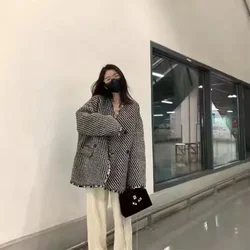 Giacca Vintage in Tweed a righe donna coreano elegante cappotto Casual oversize inverno Streetwear Harajuku sciolto tutto abbinato capispalla top