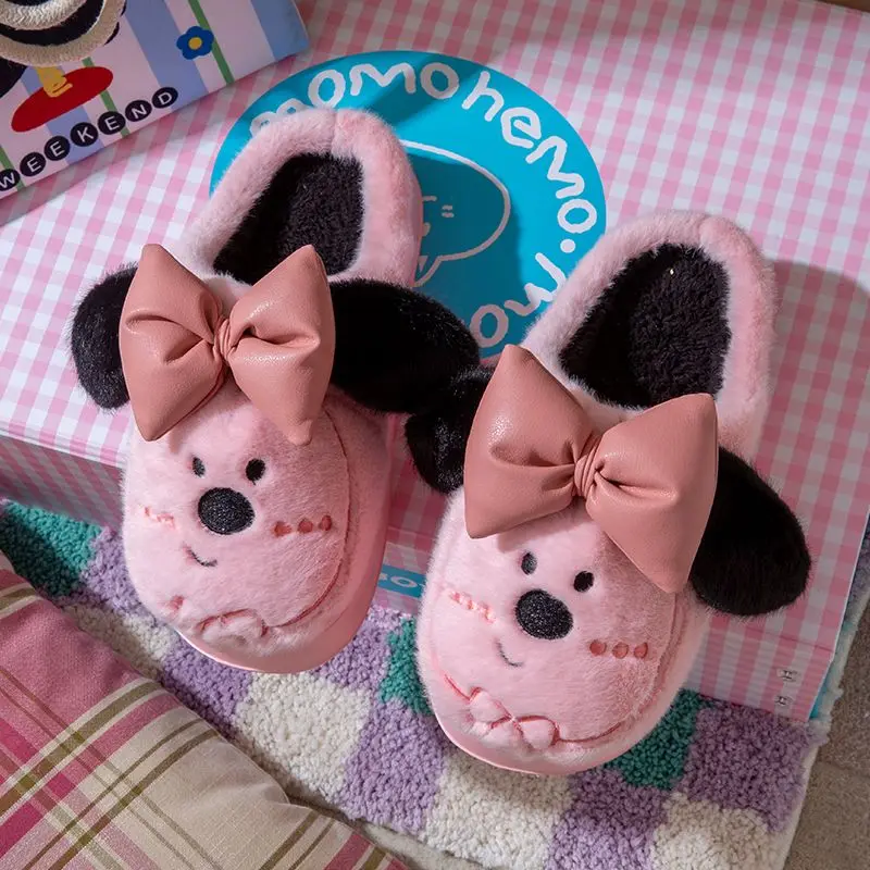 2026 Autumn Winter New Cute Bow Puppy Fluffy Cotton Slippers for Women Warm Cozy Home Slipper Soft Comfort Winter Footwear​