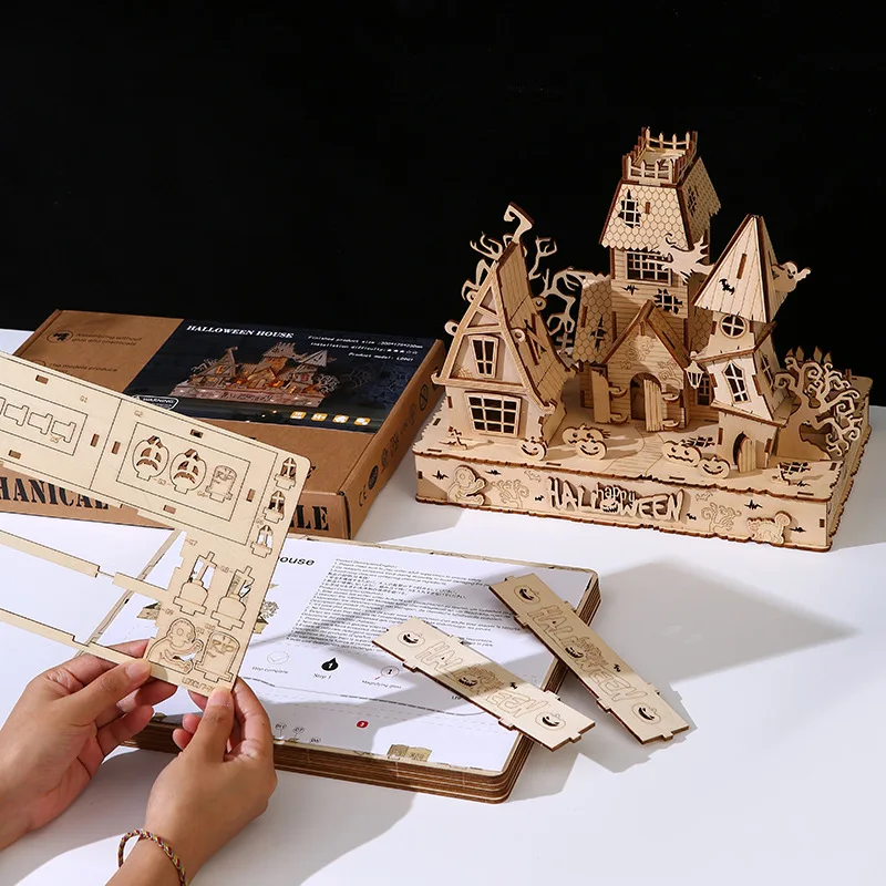 Nieuwste Hot 3d Puzzel Houten Kerst Halloween Spookhuis 3d Kasteel Decoratie Kinderen Hand Gemonteerde Puzzel Speelgoed Geschenken Nieuw