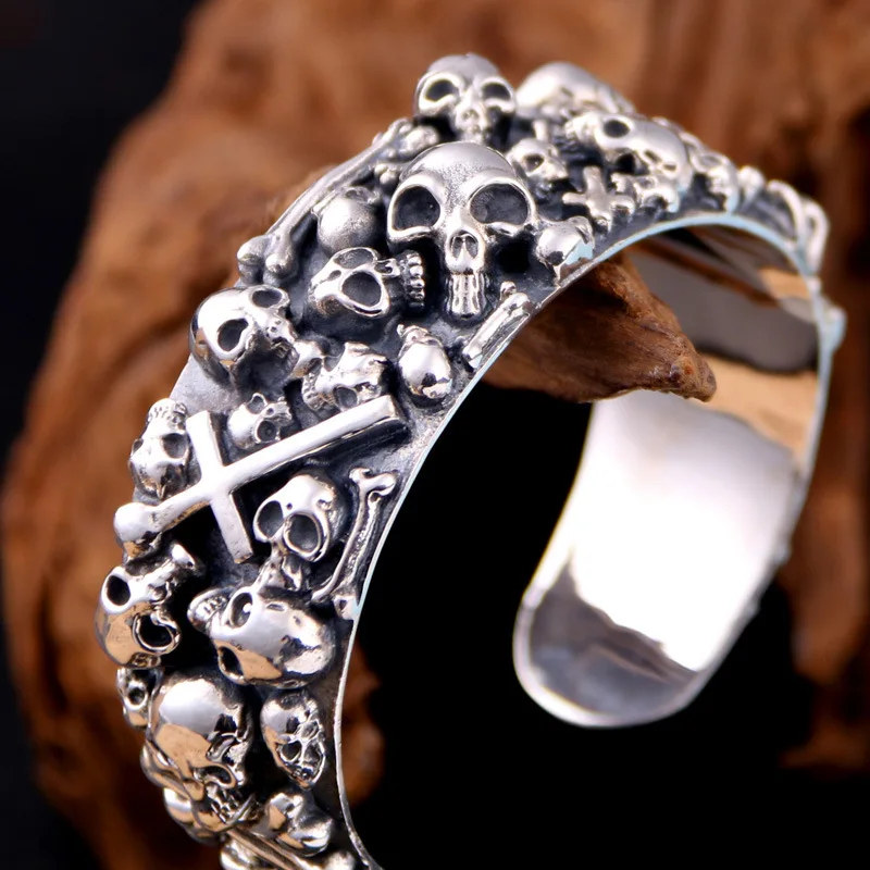 

N Mens S925 Silver Bracelet Heavy Domineering Punk Rock Sky Skull Cross Open Bracelet