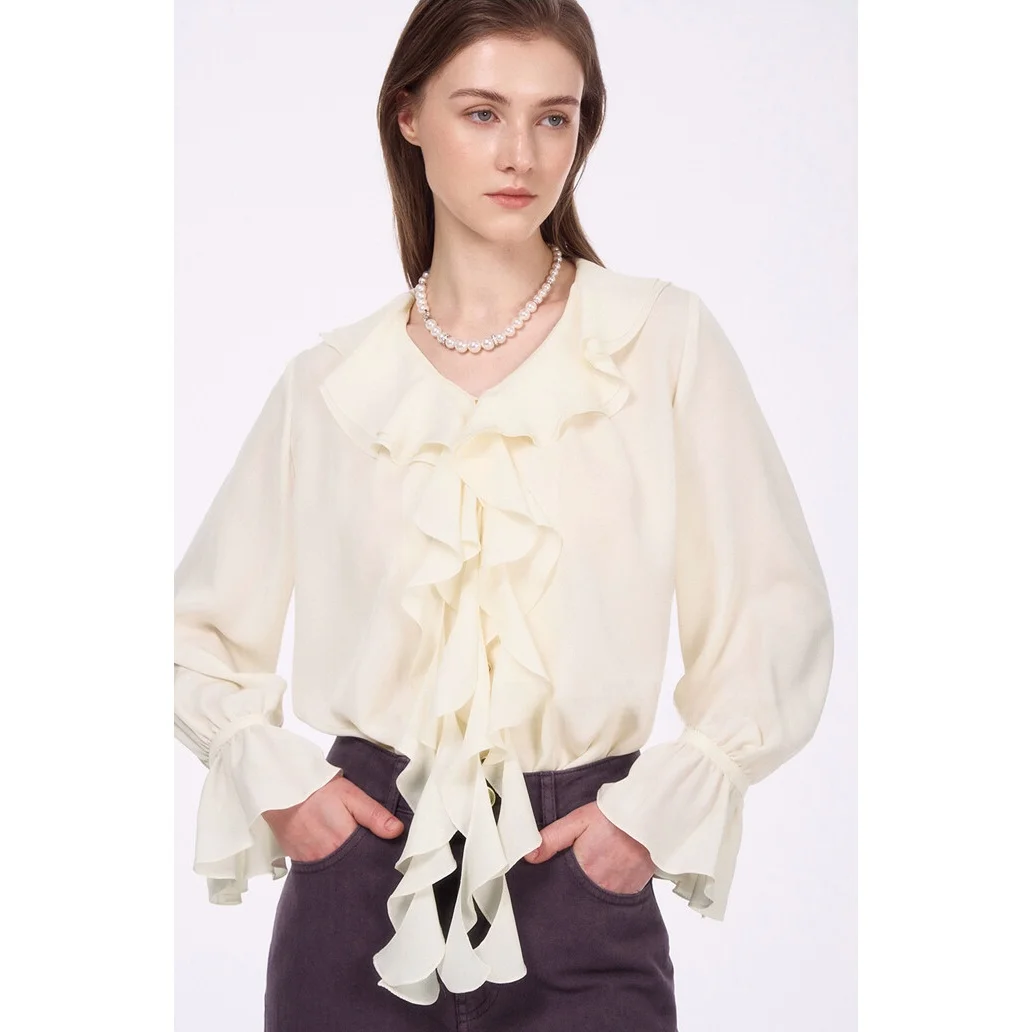

Sweet Commuter Sle Pleated Lotus Le Collar Blouse Versatile Long Sve Button up Korean Sle Office Wear Casual irt