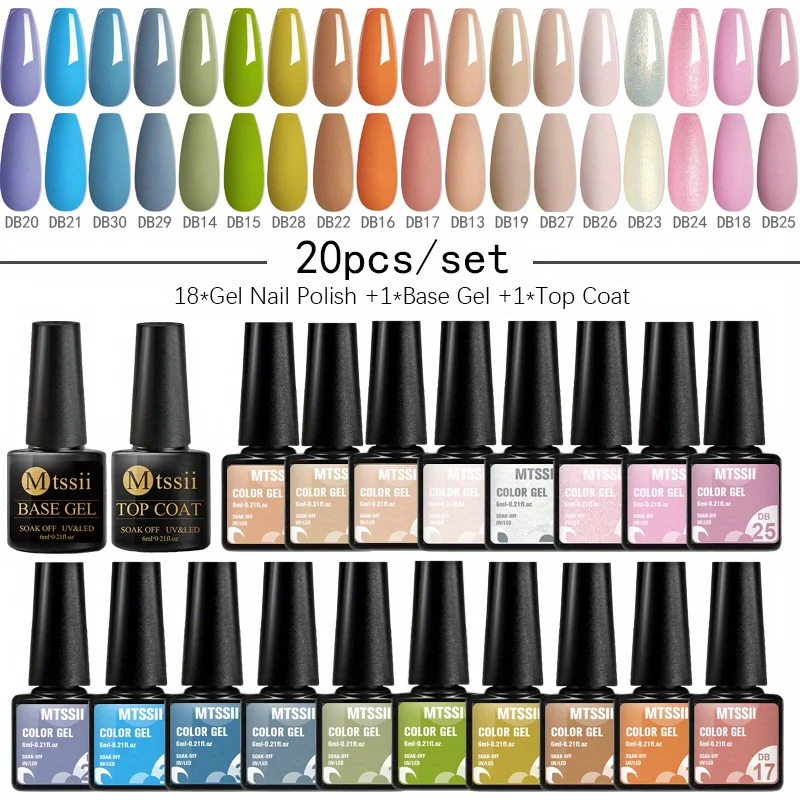 MTSSII 20pcs/set Nail Polish Gel With Base Top Coat Spring Summer Color Party Wedding Decor Soak Off Nail Art Gel Varnish