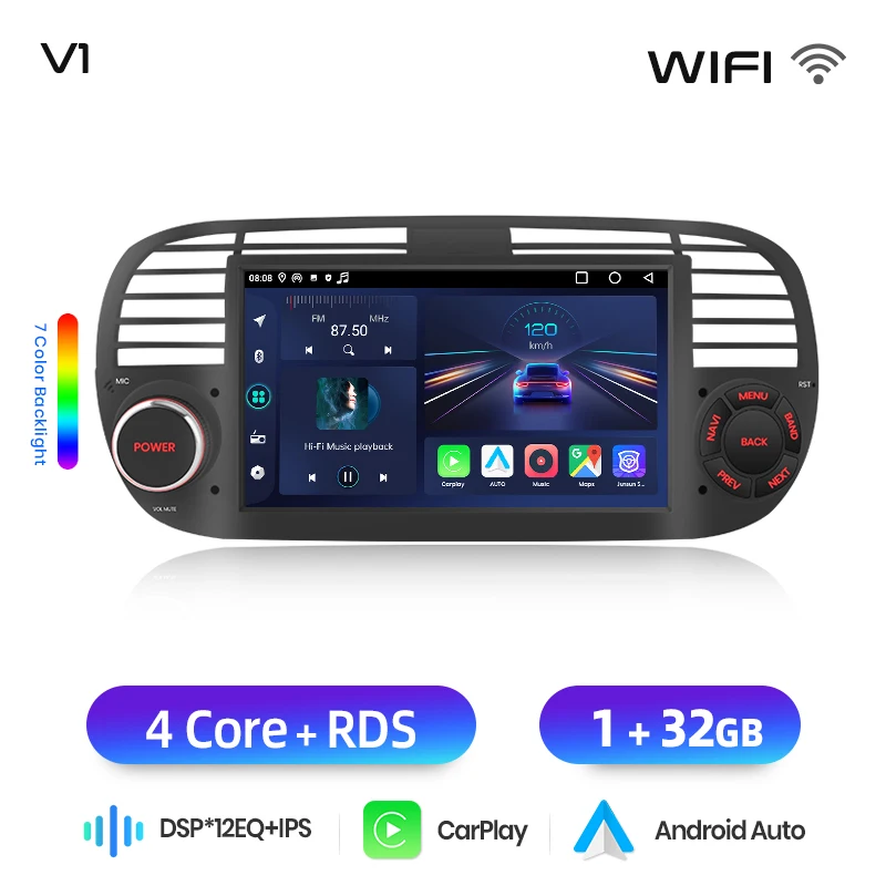 Junsun 7 inch draadloze CarPlay Android Auto autoradio voor Fiat 500 500C Abarth 2007-2015 Multimedia draadloze Apple CarPlay Smart Intelligent Systems IPS touchscreen stereo videospeler 2 Din