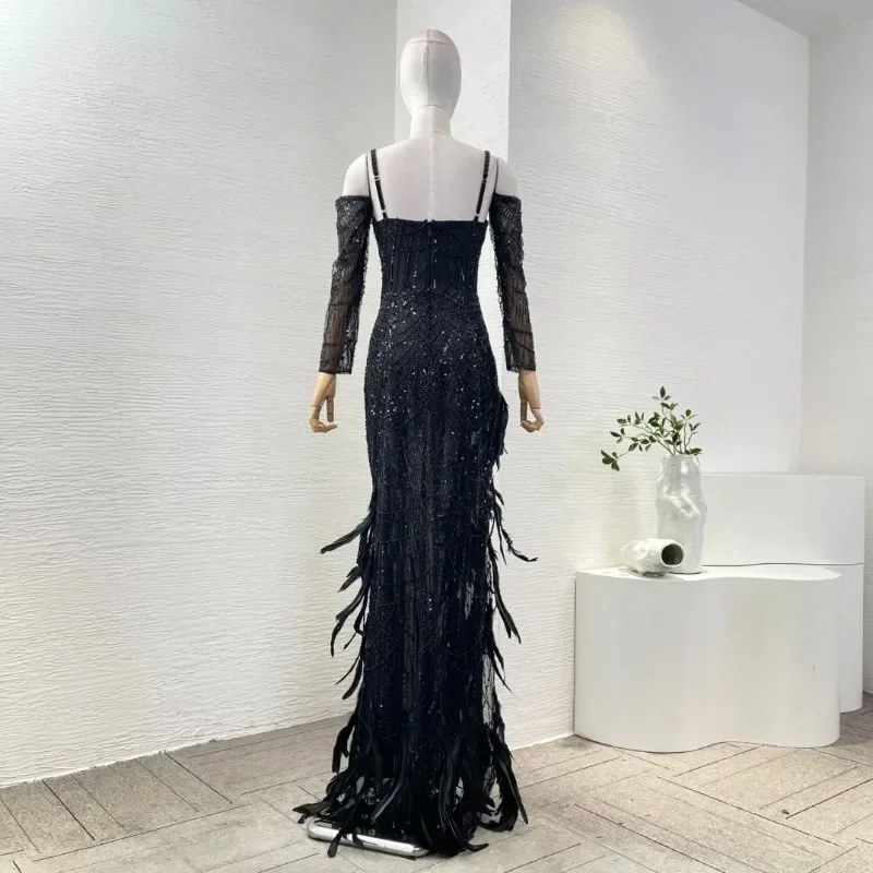 Ladies' Maxi Dresses Black Diamonds Sexy Beading Slim Fit Long Sleeve New Fashion High Quality Feather Lace for Party 2025