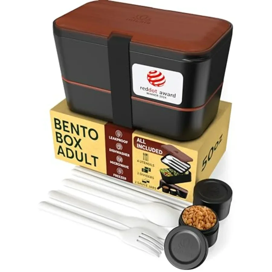 

Премиум-бокс Bento Box для взрослых, Победитель дизайнерской награды, Компактный ланч-бокс с деревянной крышкой, 4 посуда, 2 банки для соуса, 100% протечек