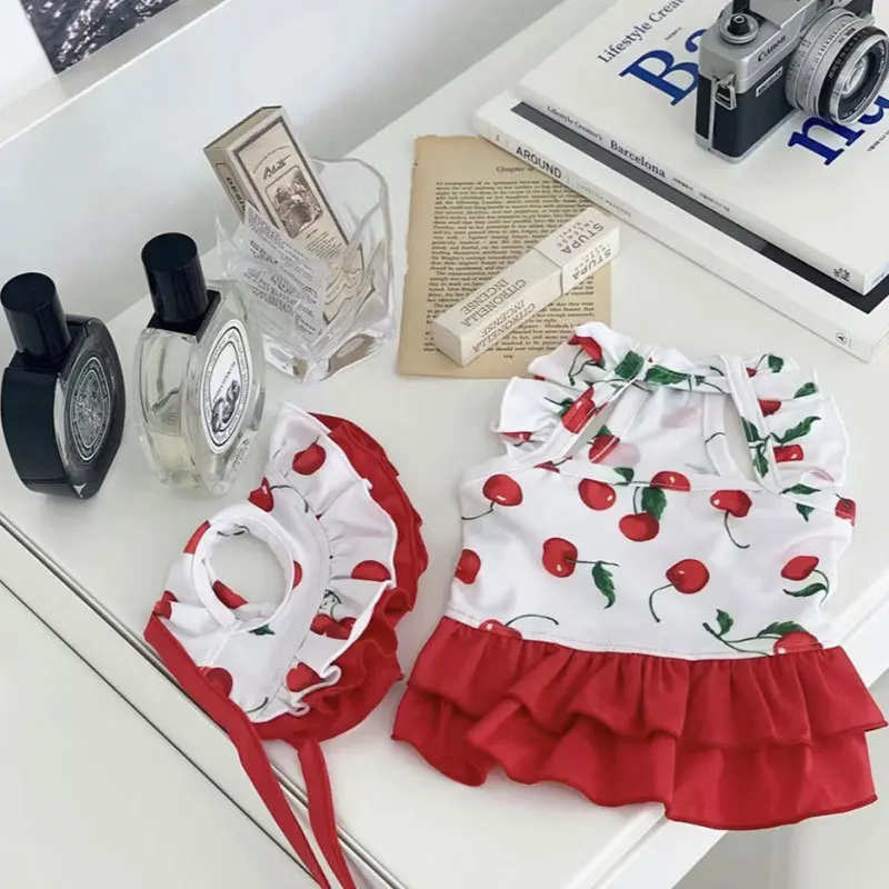 Spring/Summer Dog Cute Cherry Swimwear Dress Summer Thin Breathable Cat Pet Dog Clothing Dog Vest Dog Shirt Puppy Clothes