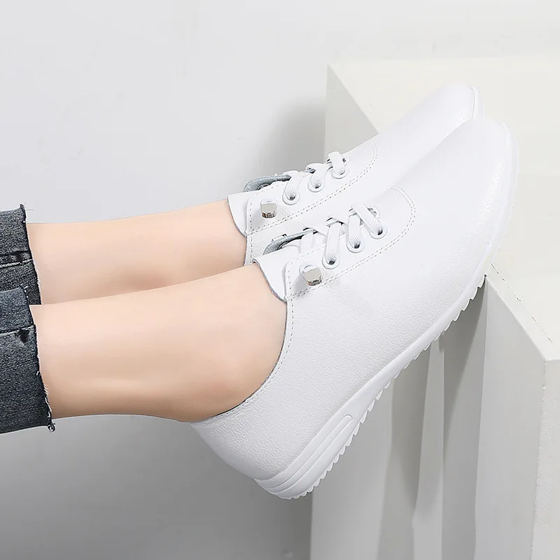 WOIZGIC Female Ladies Women\'s Genuine Leather Flats White Shoes Loafers Soft Moccasins Lace Up Comfortable Footwear