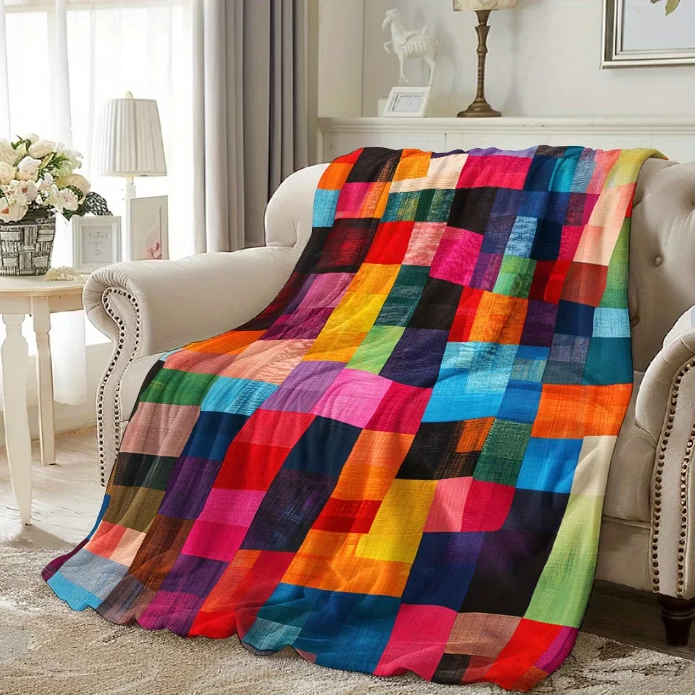 Manta de estilo abstracto con diseño de patchwork, cuadros geométricos, suave y cálida, estampada, ideal para amigos, familiares, amantes, siestas, coches y viajes.