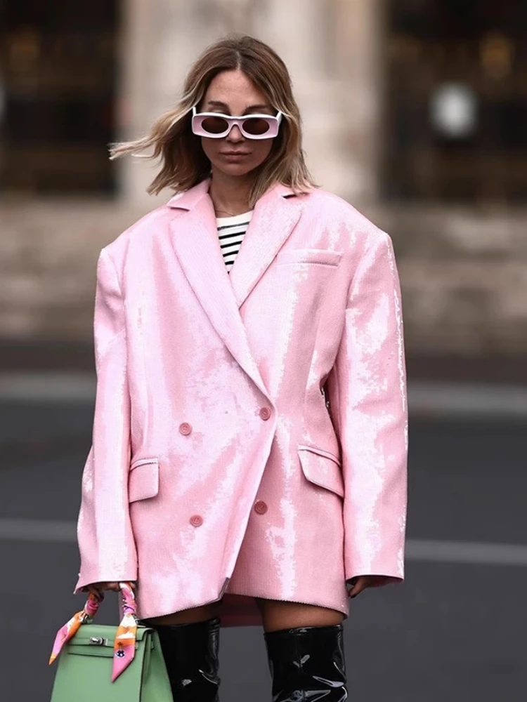 

Elegant Notched Collar Long Sleeve Sequins Blazer Women Pink Loose Double Beasted Sequin Blazer Coat Evening Runway Party Jacket