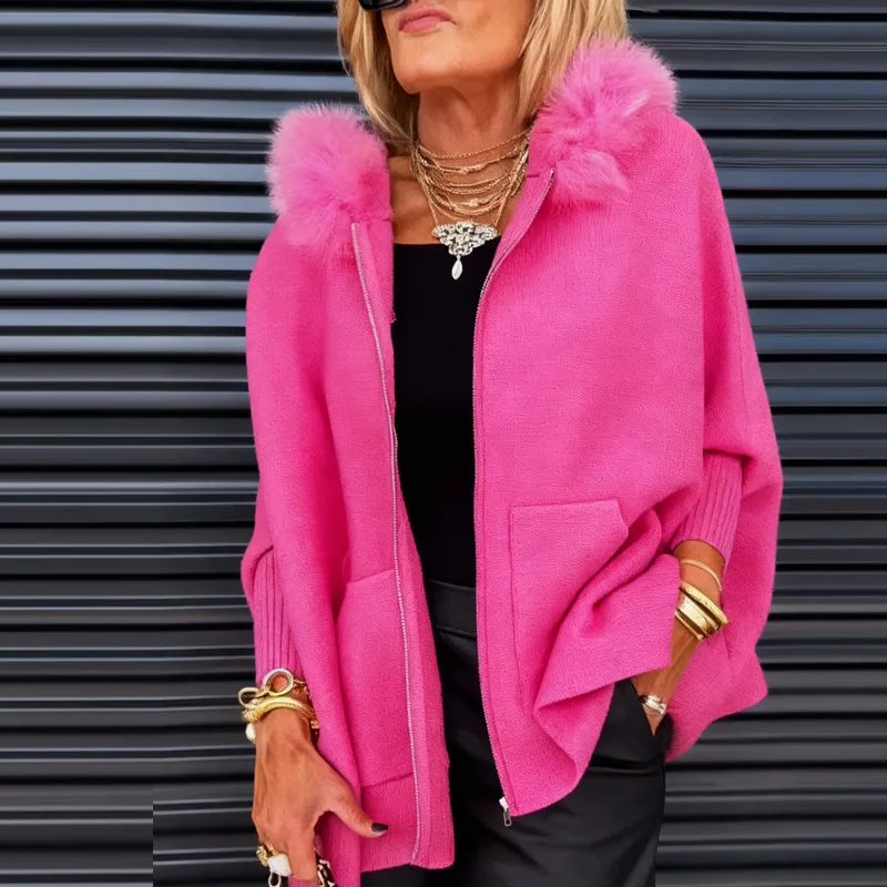 

Зимний кардиган на молнии, вязаная куртка с меховым воротником и капюшоном, женская повседневная куртка с карманами, свободный свитер с рукавами «летучая мышь», пальто, уличная одежда, винтажная одежда