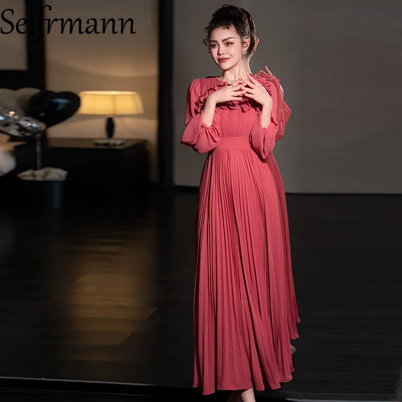 Seifrmann Modedesign Damenkleid mit Applikationen, hoher Taille, Laternenärmel, einfarbig, große Schaukel, plissierte Kleider