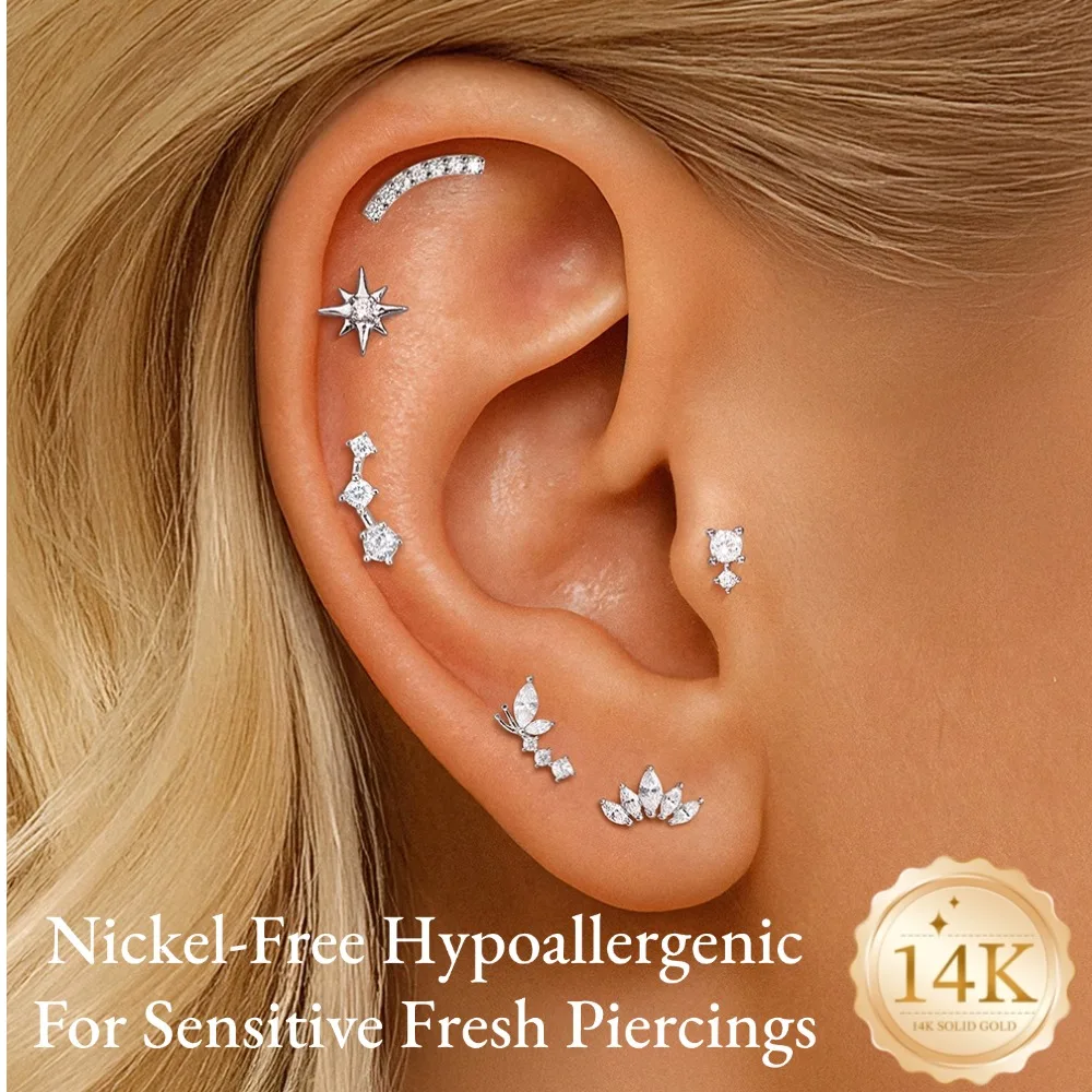 DIeSchein 14K Solid Gold Piercing Studs for Women CZ Cartilage Flat Back Stud Earrings for Helix Tragus Daith Piercings Jewelry