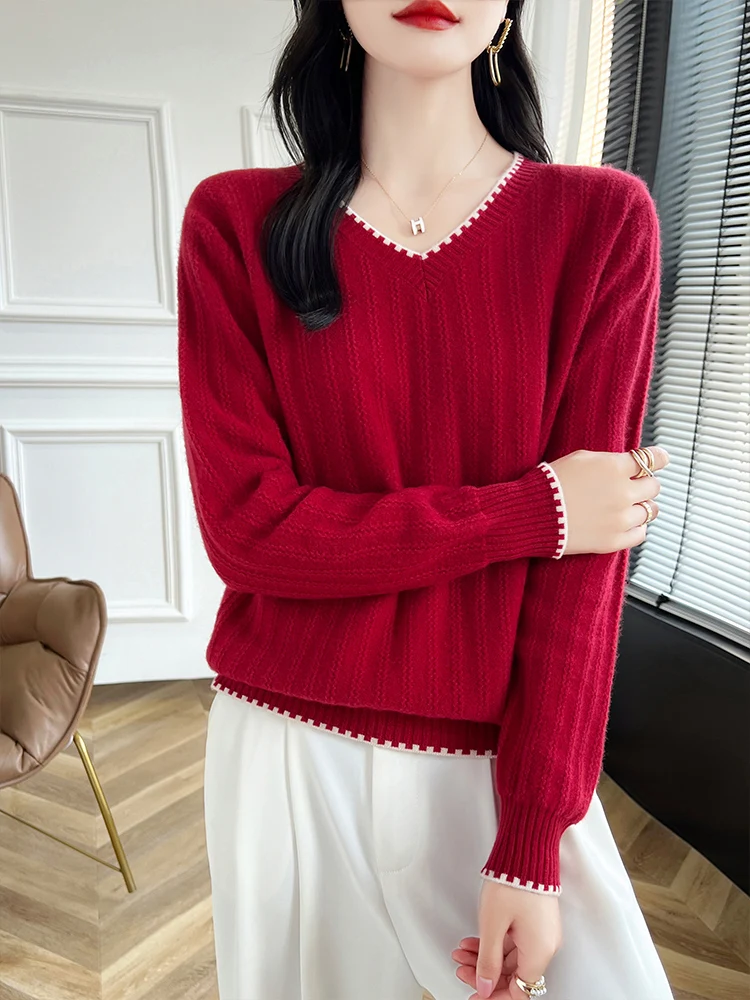 2024 Women\'s V-neck Pullover 100% Merino Wool Sweater Autumn Winter Loose Color Match Cashmere Knitted Female Clothing Grace Top