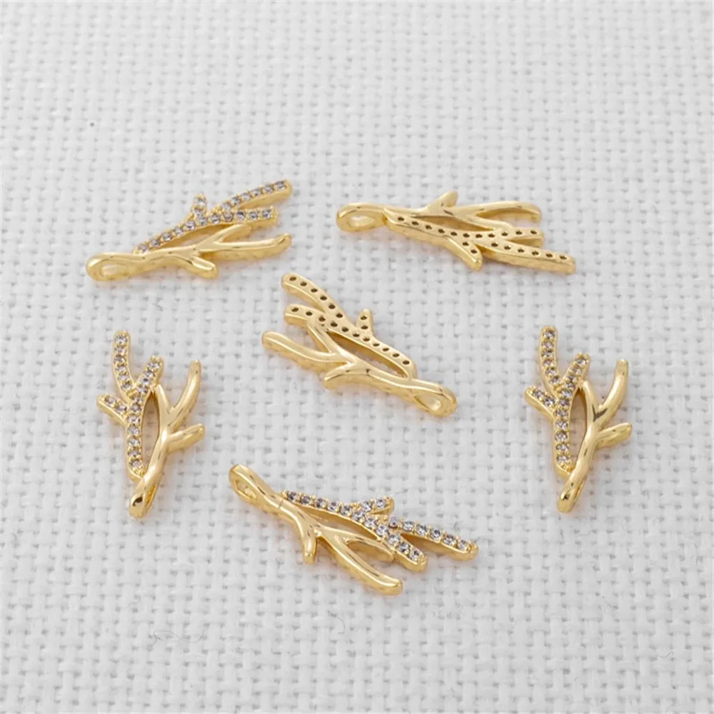 14K Gold Micro-inlaid Zircon Antlers Branch Pendant, DIY Jewelry, Bracelet, Earrings, Necklace, 9*20mm