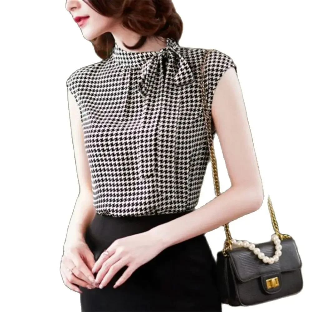 

Pop Summer Korean Elegant Shirts Vintage Plaid Houndstooth Bow Lacing Chiffon Shirt Women Loose Casual Sleeveless Blouse Lady To