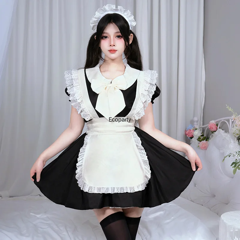 Nuevo disfraz de sirvienta de Anime bonito para mujer, vestido Kawaii de camarera de café negro, vestido de Lolita con tocado, trajes de fiesta de Halloween para mujer