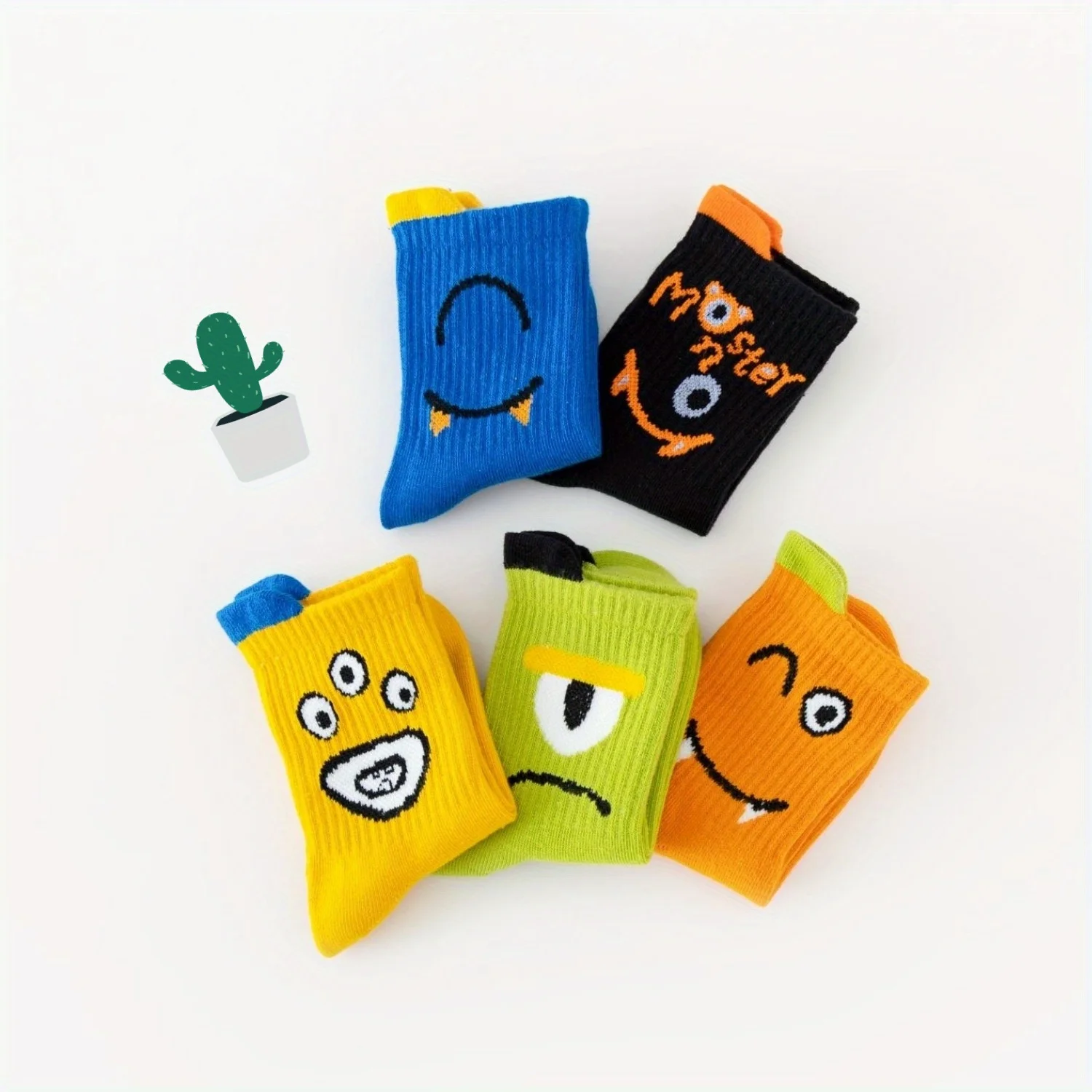 5 Pairs Boys Monster Kids Socks Cute Cartoon Face Print Soft Cotton Mid‑Calf Breathable Children Casual Socks