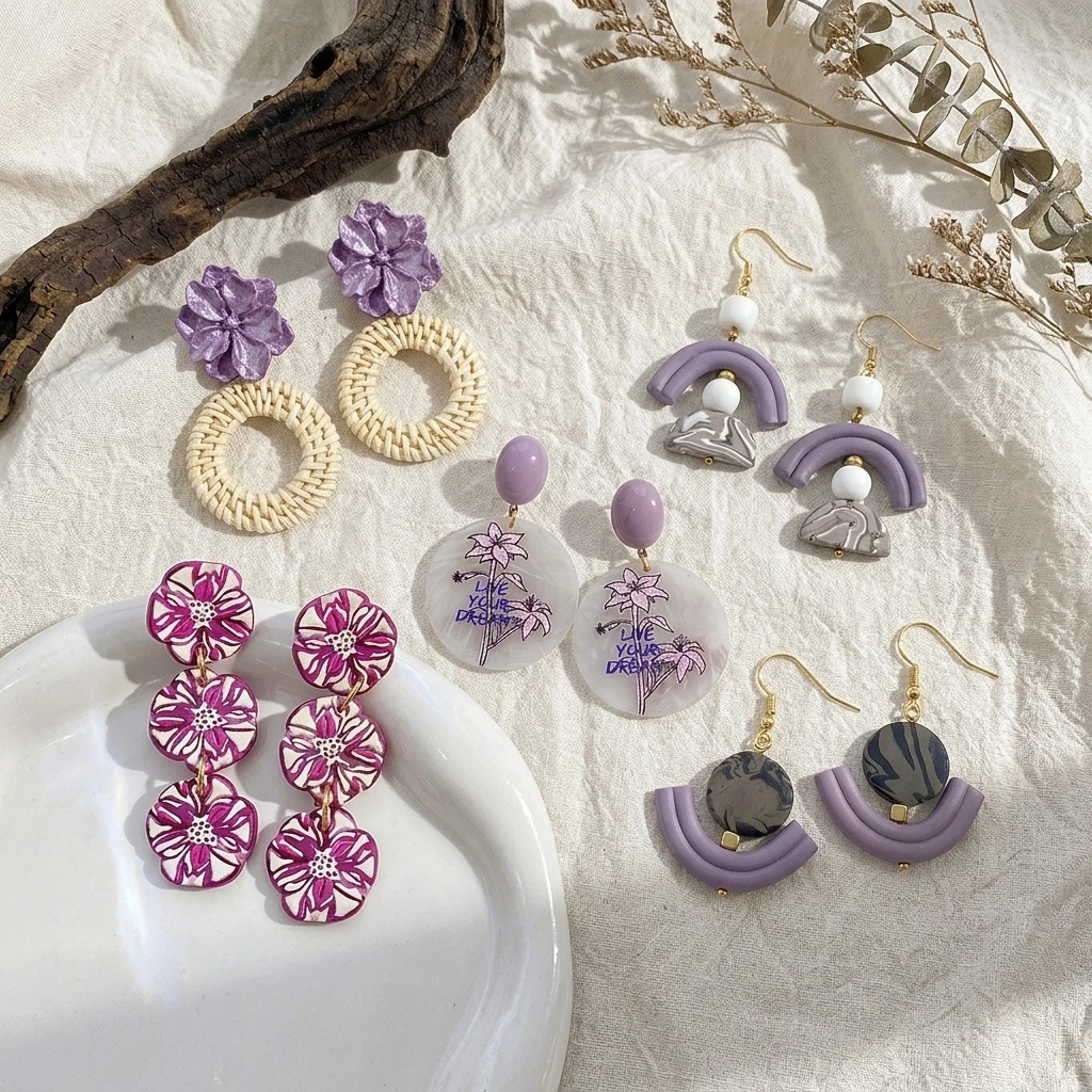 DODOHAO Elegant Purple Acrylic Flower Pendant Earrings for Women Bohemian Vine Weaving Geometric Circle Drop Earrings Wholesale