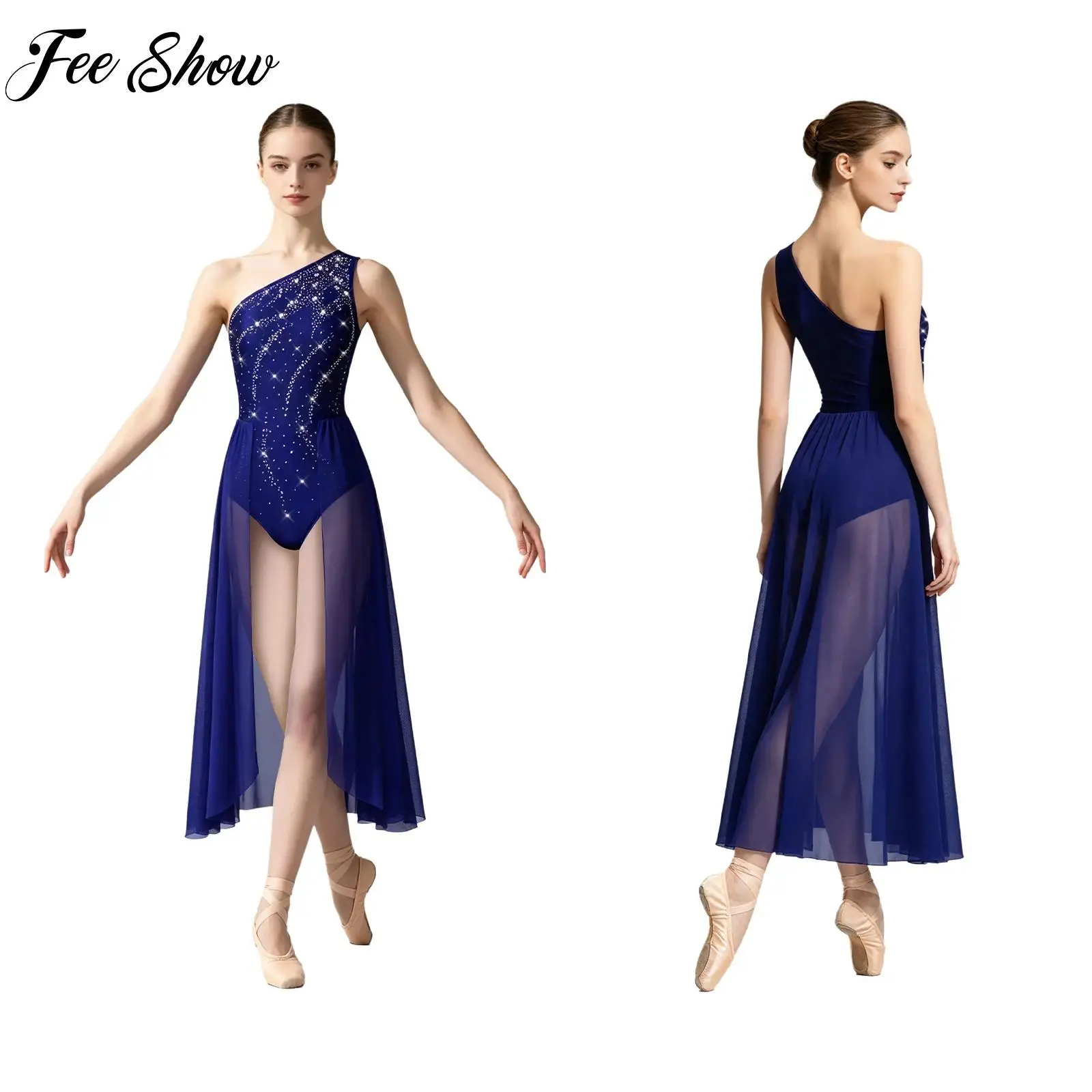 

Women Ballet Lyrical Dance Costume Oblique Shoulder Sleeveless Rhinestones Sheer Mesh Gymnastics Leotard Modern Dance Dress