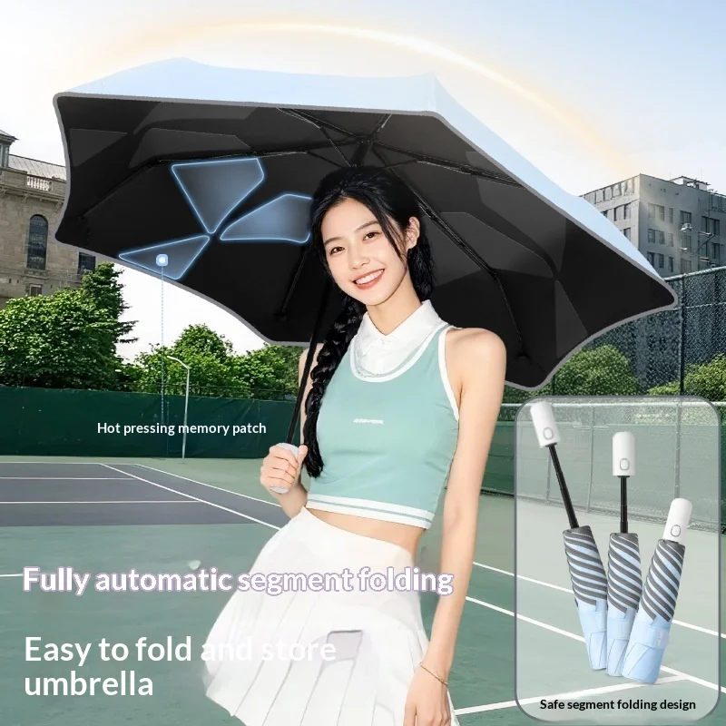 Lightweight 3-Fold Auto Umbrella, Ring Buckle Easy Fold, Black Glue Anti-UV Sun & Rain Umbrella, Portable Pocket Size