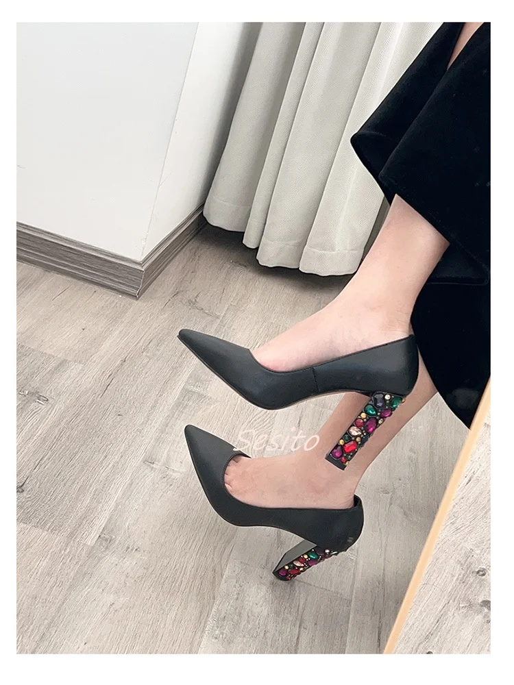 Colorful Gemstones High Heels Pumps Pointy Toe Leather Fashion Women Sexy Casual Sandals Summer Party Dress Shoes Rubber Sole