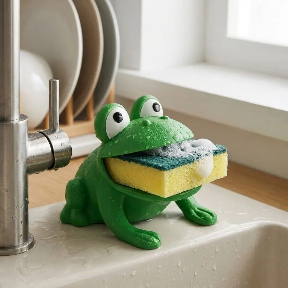 3D Printed Frog-Shaped Sponge Storage Rack Big Mouth Frog with Drain Hole Sponge Drain Holder Cartoon Plastic view 2