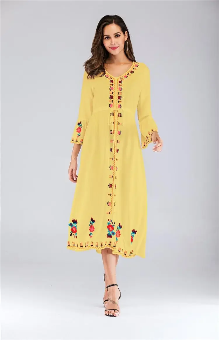 Fashion Ukrainian Women Embroidered Dress Vyshyvanka Boho V-Neck Ethnic Summer Cocktail Vintage Flare Sleeve Mid-Calf Sleeve