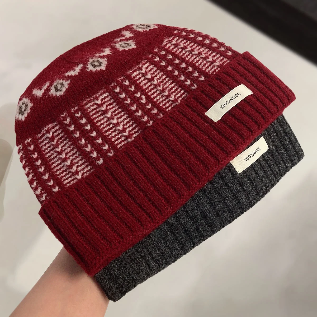korean-style-fair-isle-knitted-woolen-cold-cap-women's-autumn-winter-vintage-cuffed-knitted-hat-versatile-face-slimming-yarn-hat