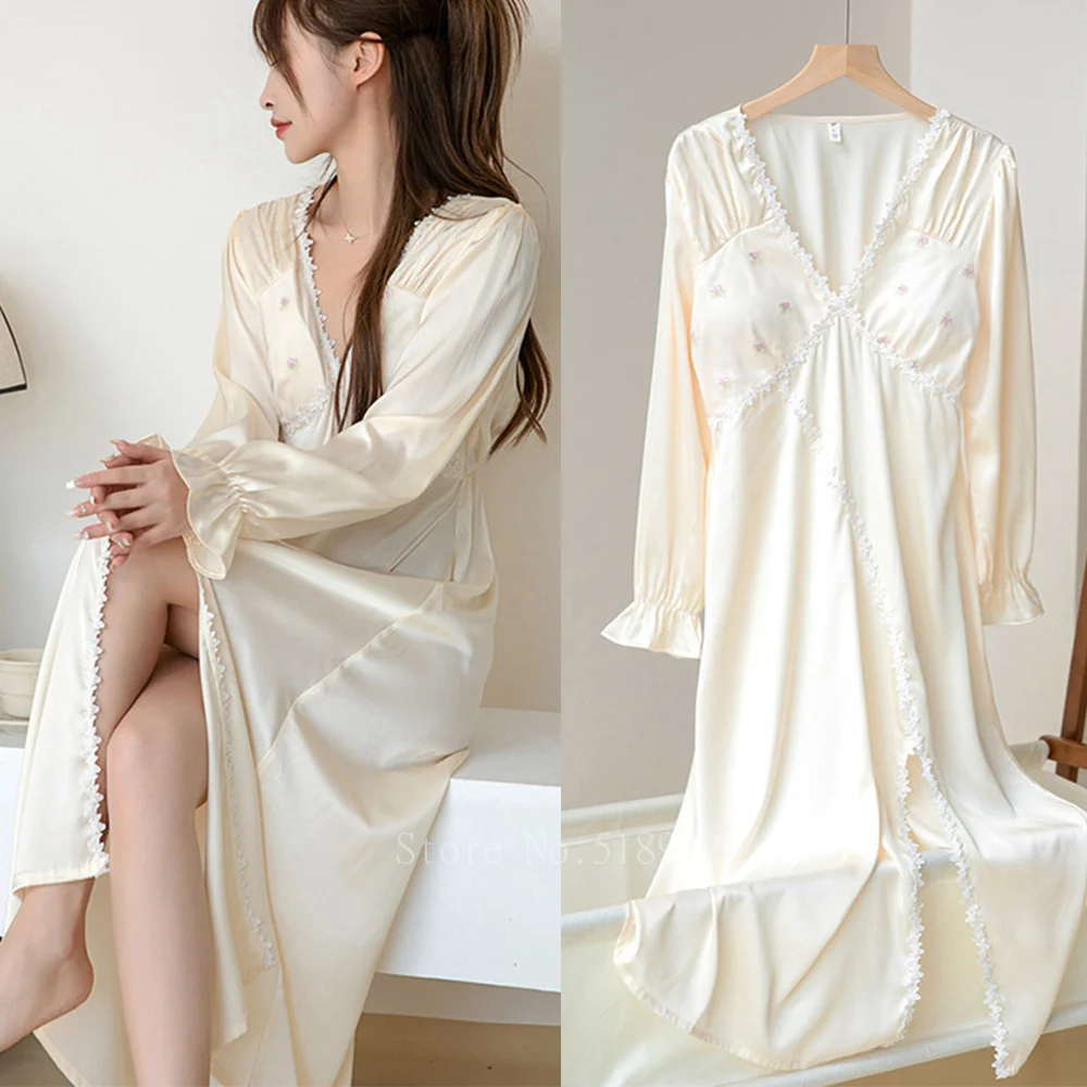 Elegant Nightdress Women Satin Wedding Morning Gown Sexy Embroider Flower Nightgown Long Sleepwear Causal Home Dress Nightwear