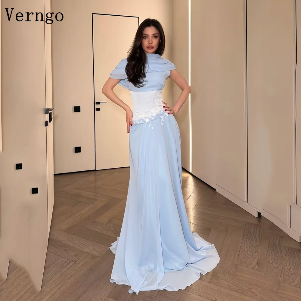 

Verngo Blue Chiffon Appliques Evening Dress O Neck Short Sleeves Mermaid Prom Gowns Elegant Maxi Party Dresses Customized