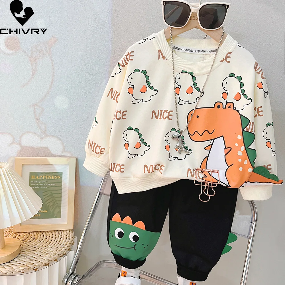 

New 2023 Kids Baby Spring Autumn Fashion Cartoon Dinosaur Letter Round Neck Sweatshirt Tops with Pants Boys Casual Clothing Sets