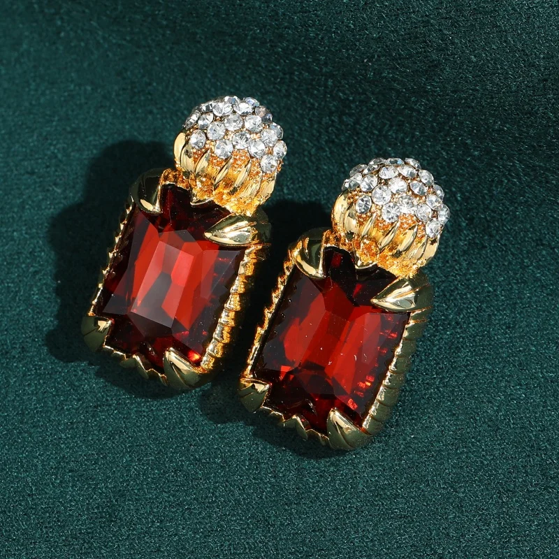 

Vintage Square Orange Crystal Earrings Jewelry Designer For Woman Luxury Antique Gold Plated High Quality Wedding Party Gift