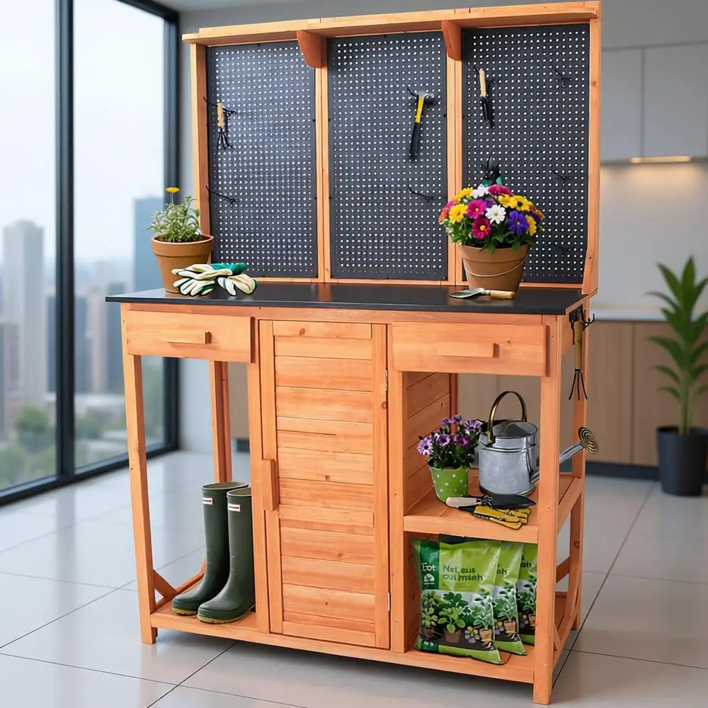 Wooden Potting Table with Metal Tabletop, Garden Work Bench with Drawer and Free Matching Storage Cabinet Shelf/Hooks for Backya