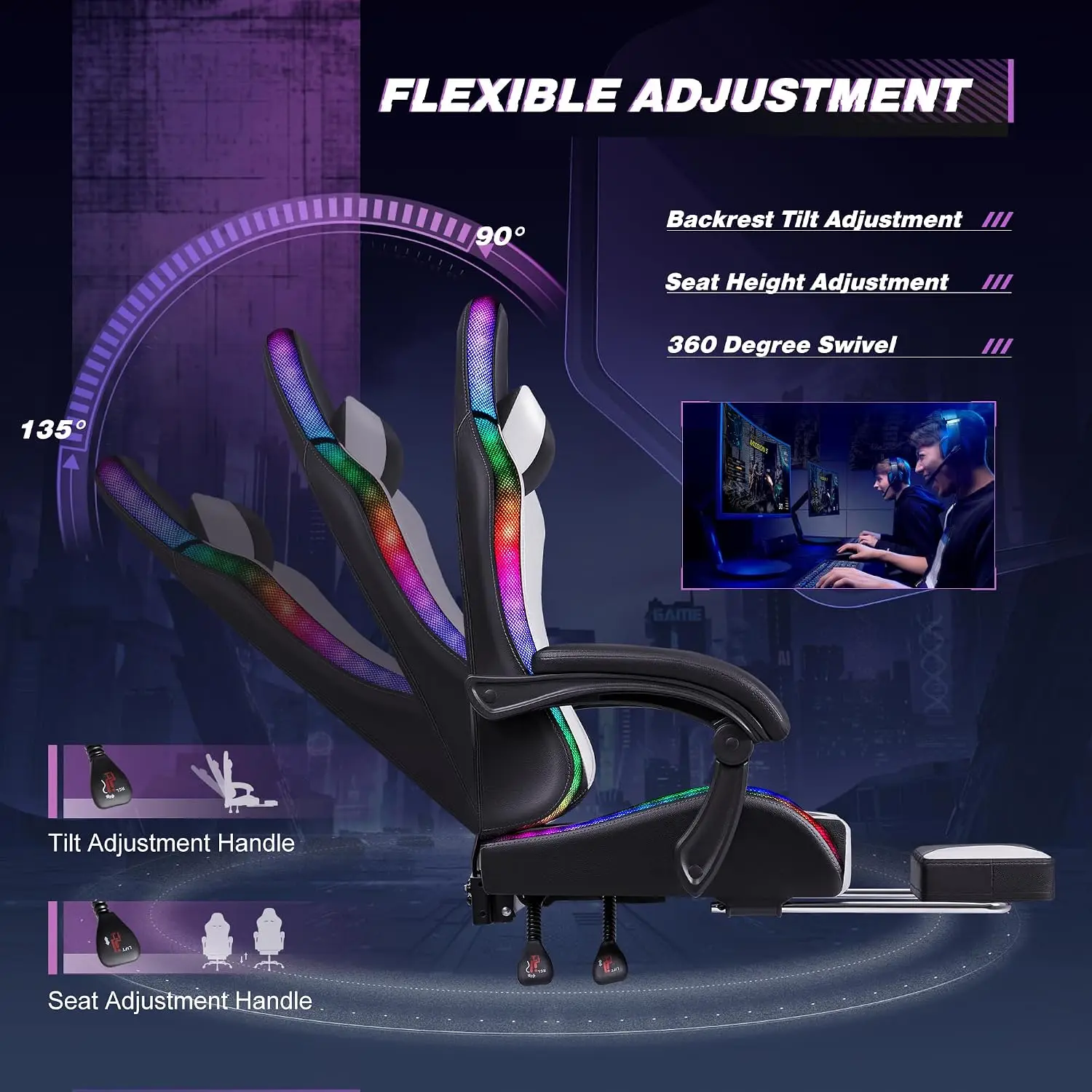 Homall Gaming Chair, Ergonomic PC Chair, Massage Lumbar Support, RGB Lvory - view 6