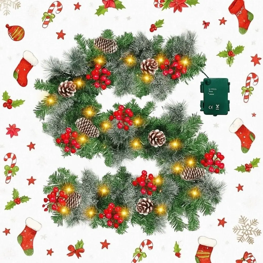 

8 Modes LED Christmas Garland Lifelike Waterproof Artificial Christmas Garland Green Timer Christmas Hanging Ornaments